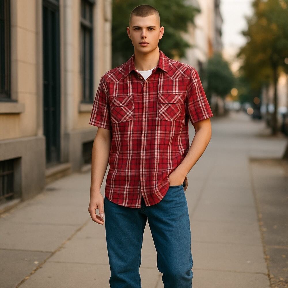 Old Skool Men's SZ Med Red Black White Plaid Short Sleeve Button Shirt Academia